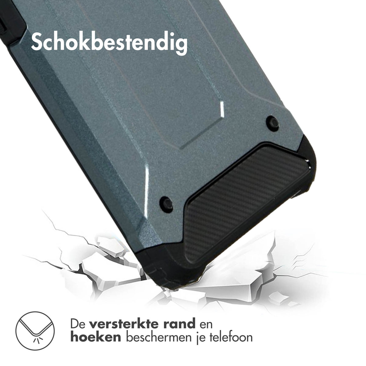 Une coque de téléphone avec un écran fissuré. La coque est gris foncé et a un fond noir texturé.