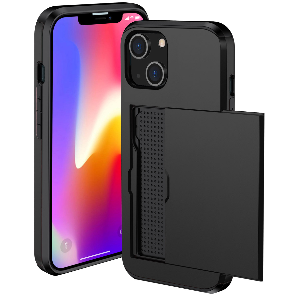Coque de téléphone noire avec porte-cartes au dos. Un téléphone à gauche. La coque est noire, élégante et moderne.