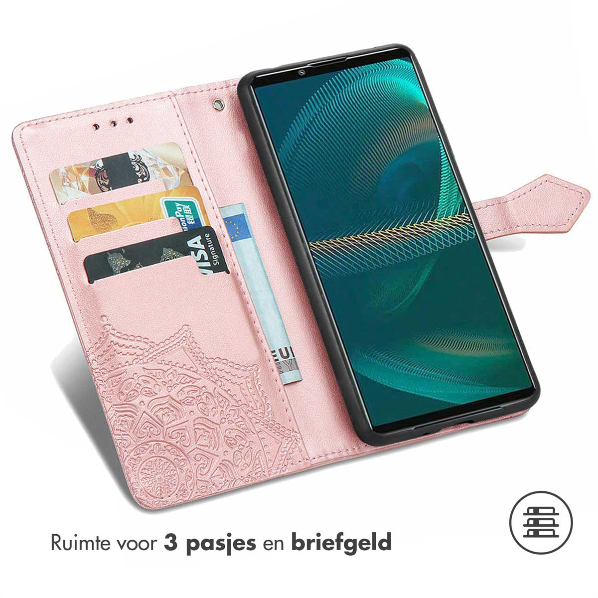 Coque de téléphone rose avec emplacements pour cartes et une poche à billets. Un téléphone est à l'intérieur.