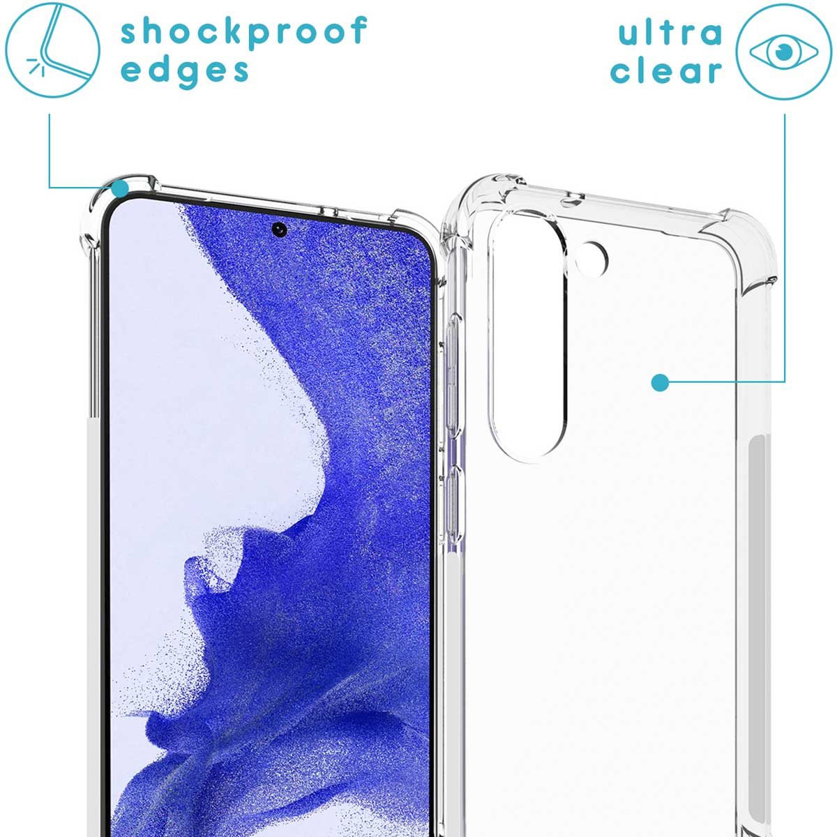 Transparante telefoonhoes met een telefoon, schokbestendige randen en een ultratransparant ontwerp.