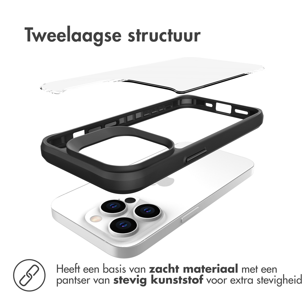 Tweelaagse structuur: Zwarte hoes op witte telefoon, met los beschermglas.