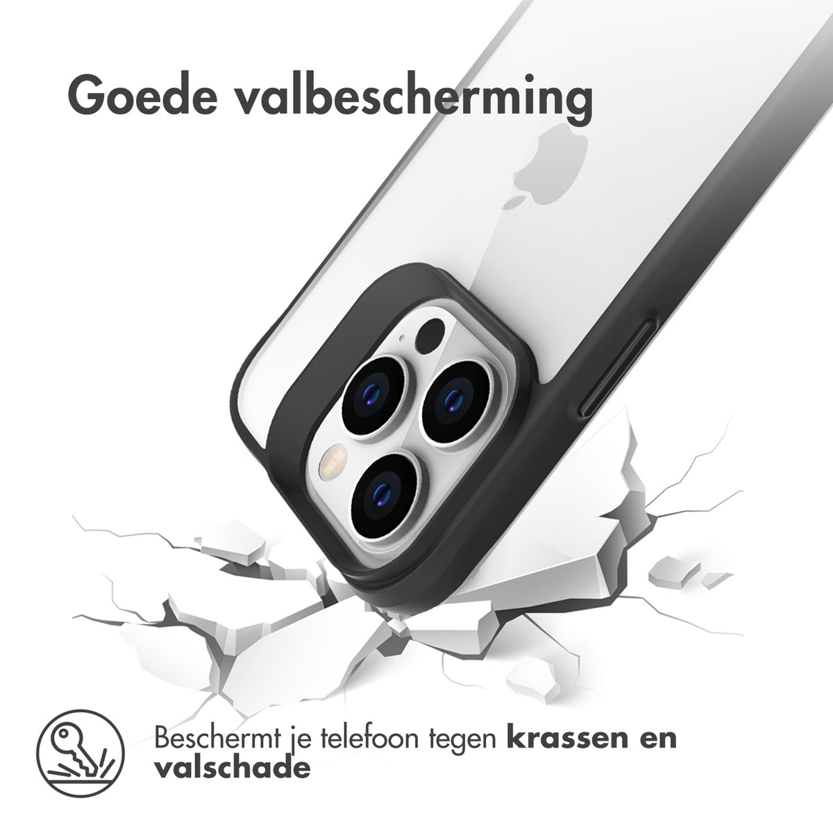 Een telefoon in een zwarte hoes valt en komt op een gebarsten wit oppervlak terecht. De hoes heeft een zwart frame.