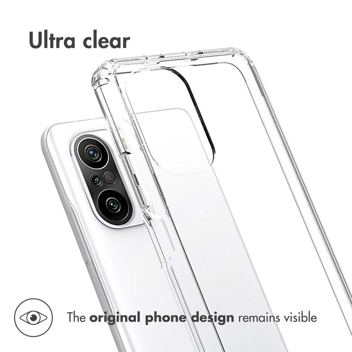 Custodia trasparente sul telefono, trasparente. Testo: Il design originale del telefono rimane visibile. Sfondo bianco.