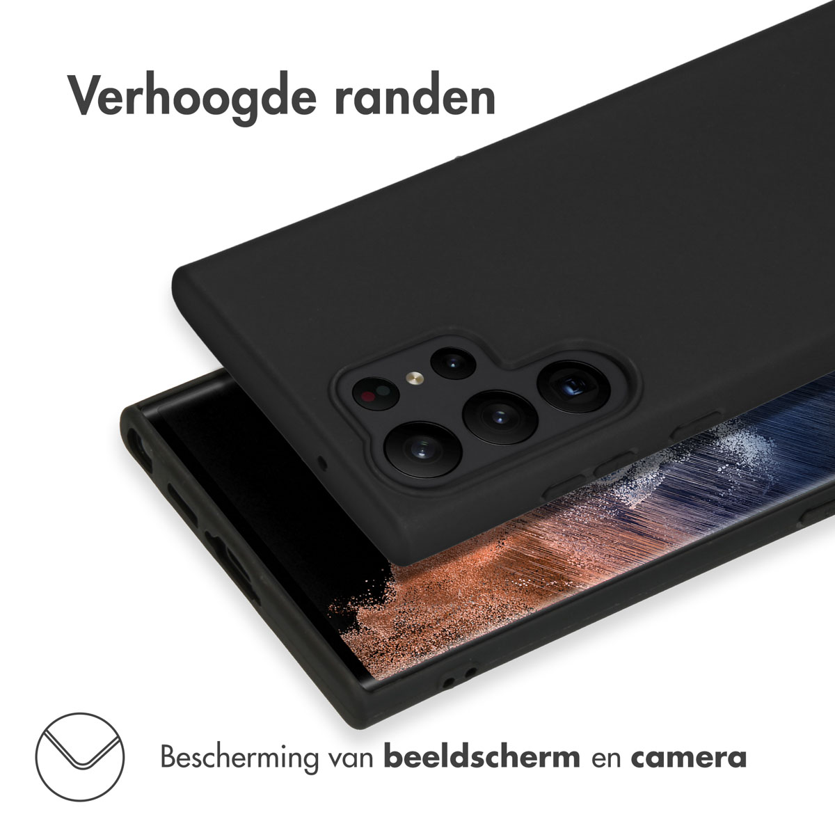 Zwart telefoonhoesje. De hoes beschermt de telefoon. De hoes wordt van bovenaf getoond.