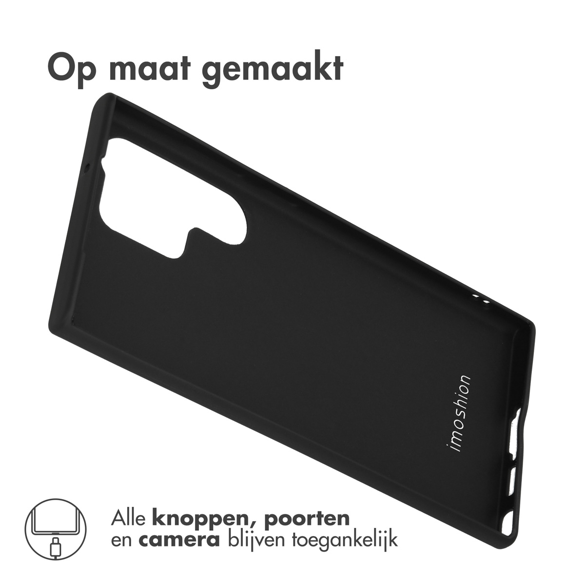 Een zwarte telefoonhoes op een witte achtergrond. De hoes staat schuin en toont de binnenkant.