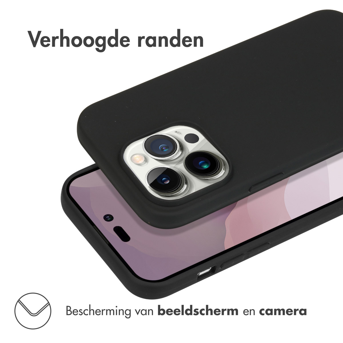 Coque de téléphone noire avec bords surélevés protégeant écran et appareil photo.
