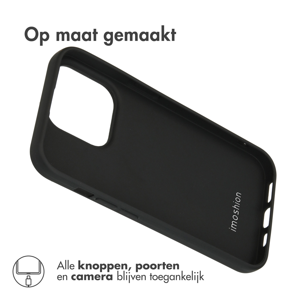 Coque de téléphone noire avec découpes pour appareil photo et ports.