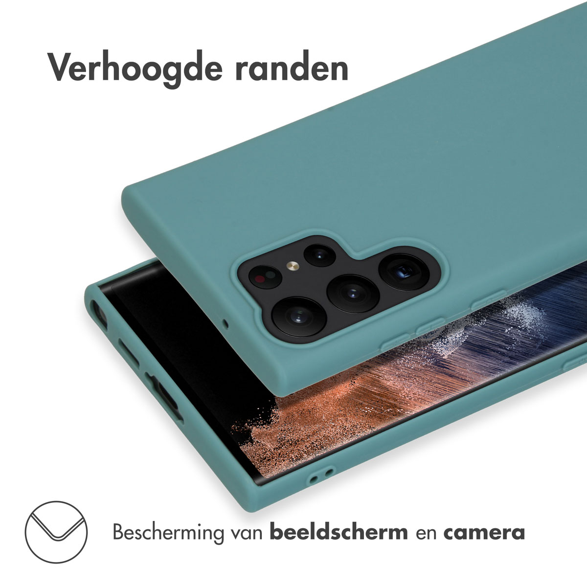 Blauwgroene telefoonhoes op een telefoon; de hoes is verhoogd om het scherm en de camera te beschermen.