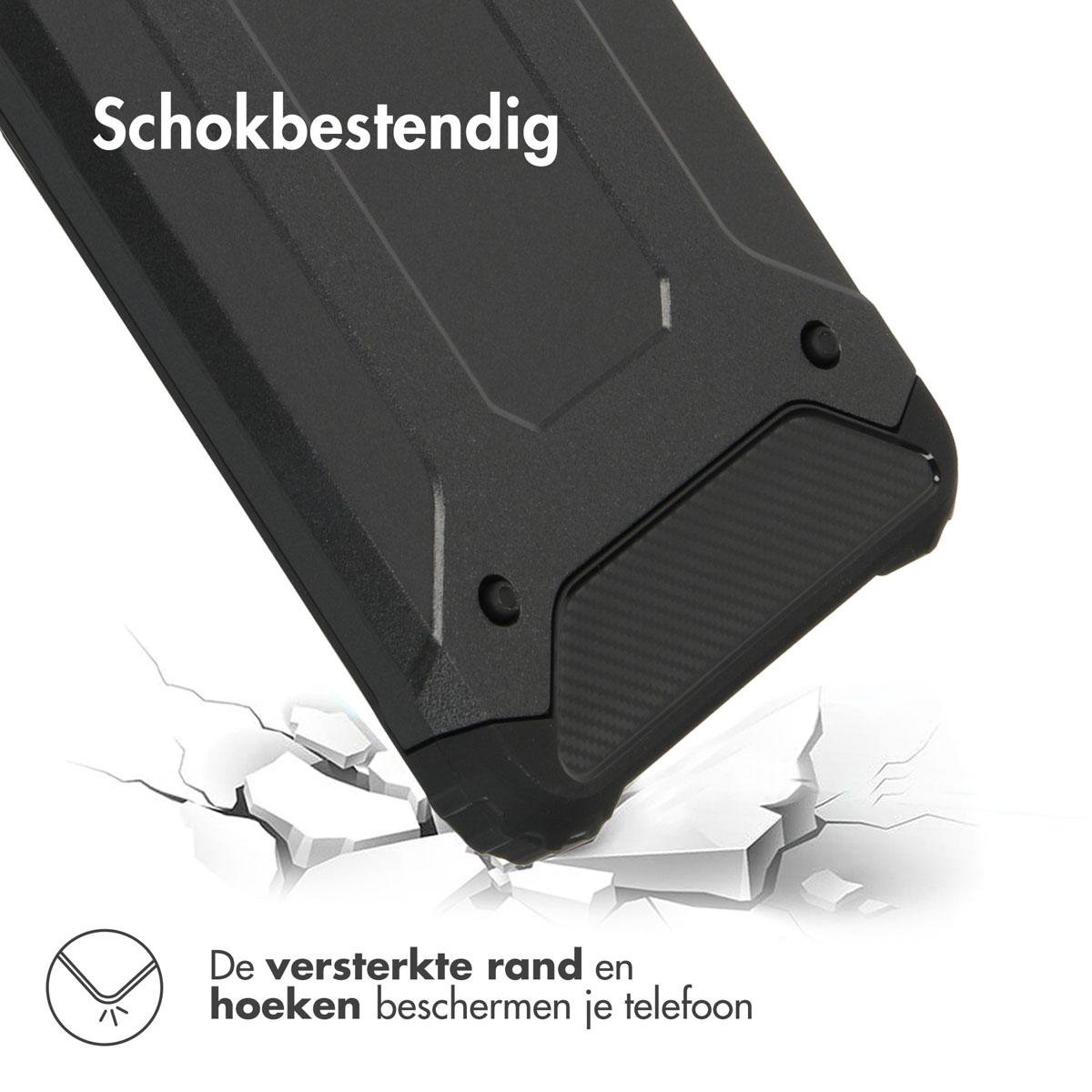 Zwarte telefoonhoes valt en barst. Tekst: Schokbestendig. Versterkte randen beschermen je telefoon.