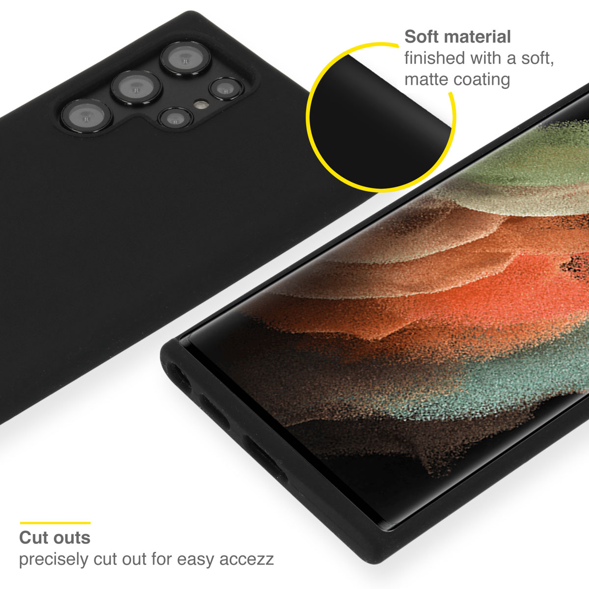 Coque de téléphone noire avec un téléphone. Texte  : Matériau souple avec revêtement mat. Découpes pour un accès facile.