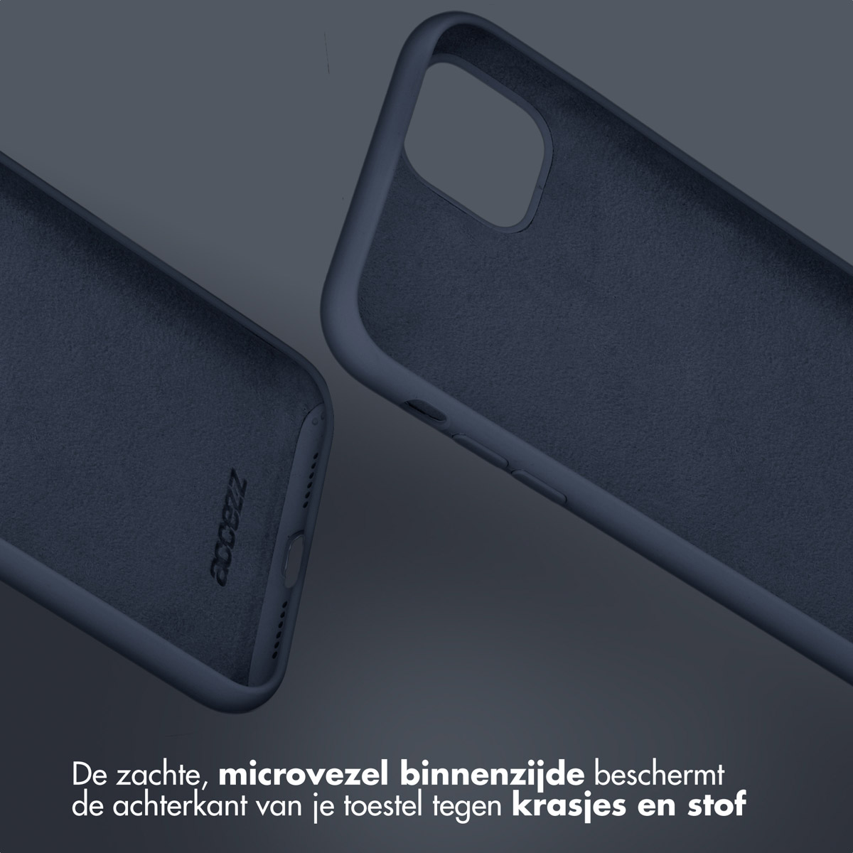 Zwei marineblaue Handyhüllen, mit Text, der das Innenfutter beschreibt.