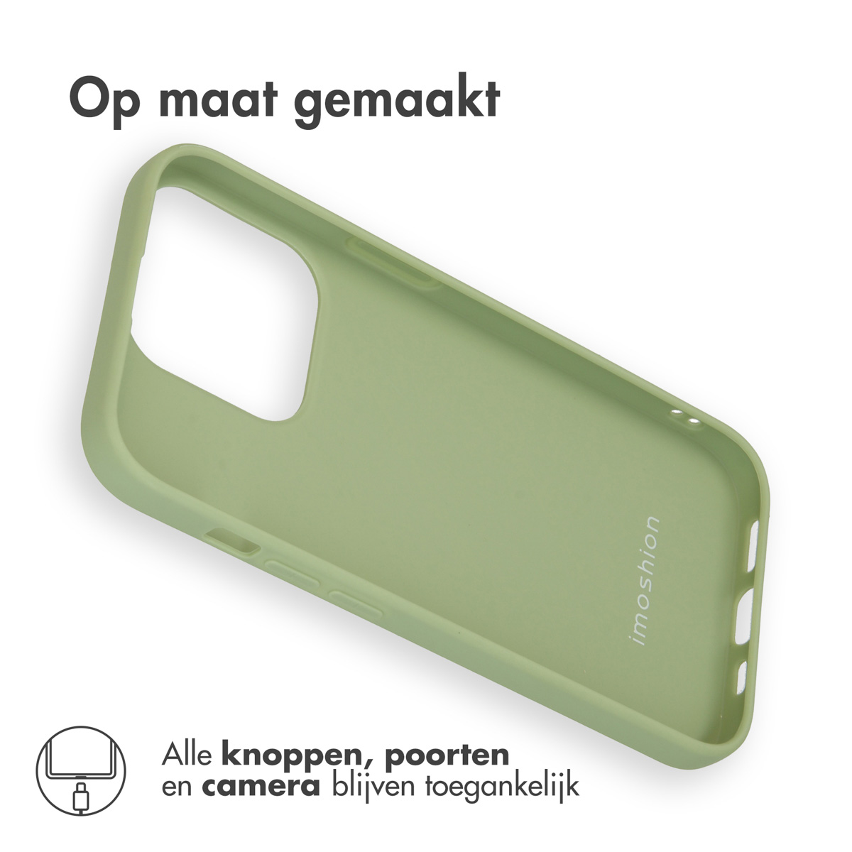 Une coque de téléphone vert clair est posée en diagonale sur fond blanc. Le texte 'imoshion' est imprimé.