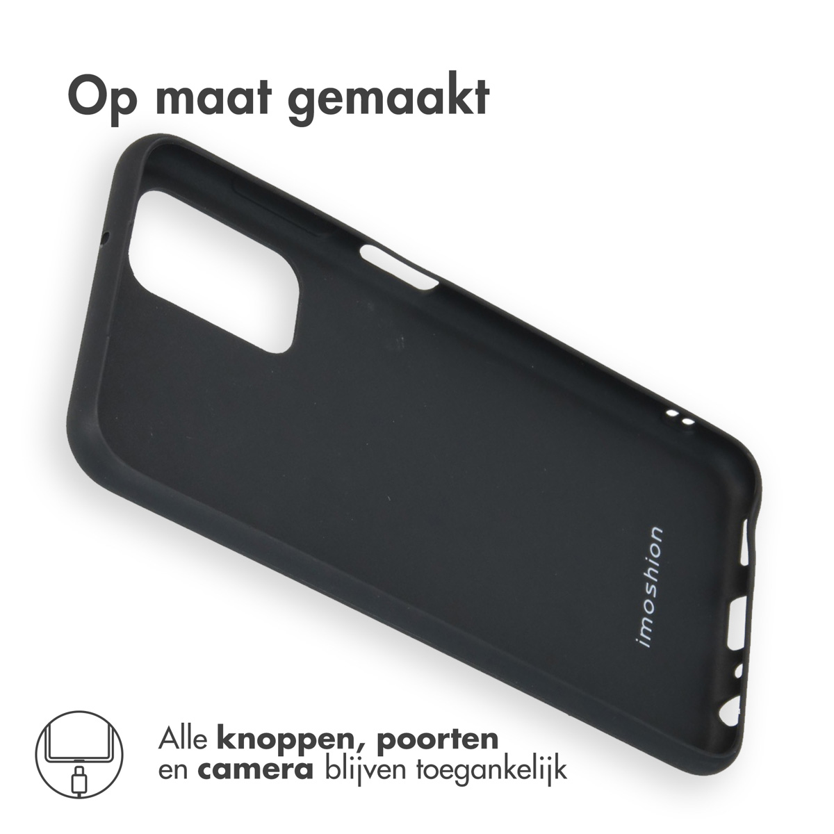 Zwarte telefoonhoes met uitsparingen voor camera en poorten.