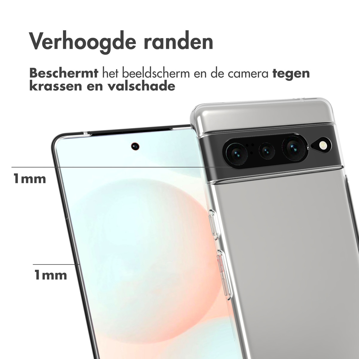 Een telefoon met een transparante hoes, met 1 mm verhoogde randen voor scherm- en camerabescherming.