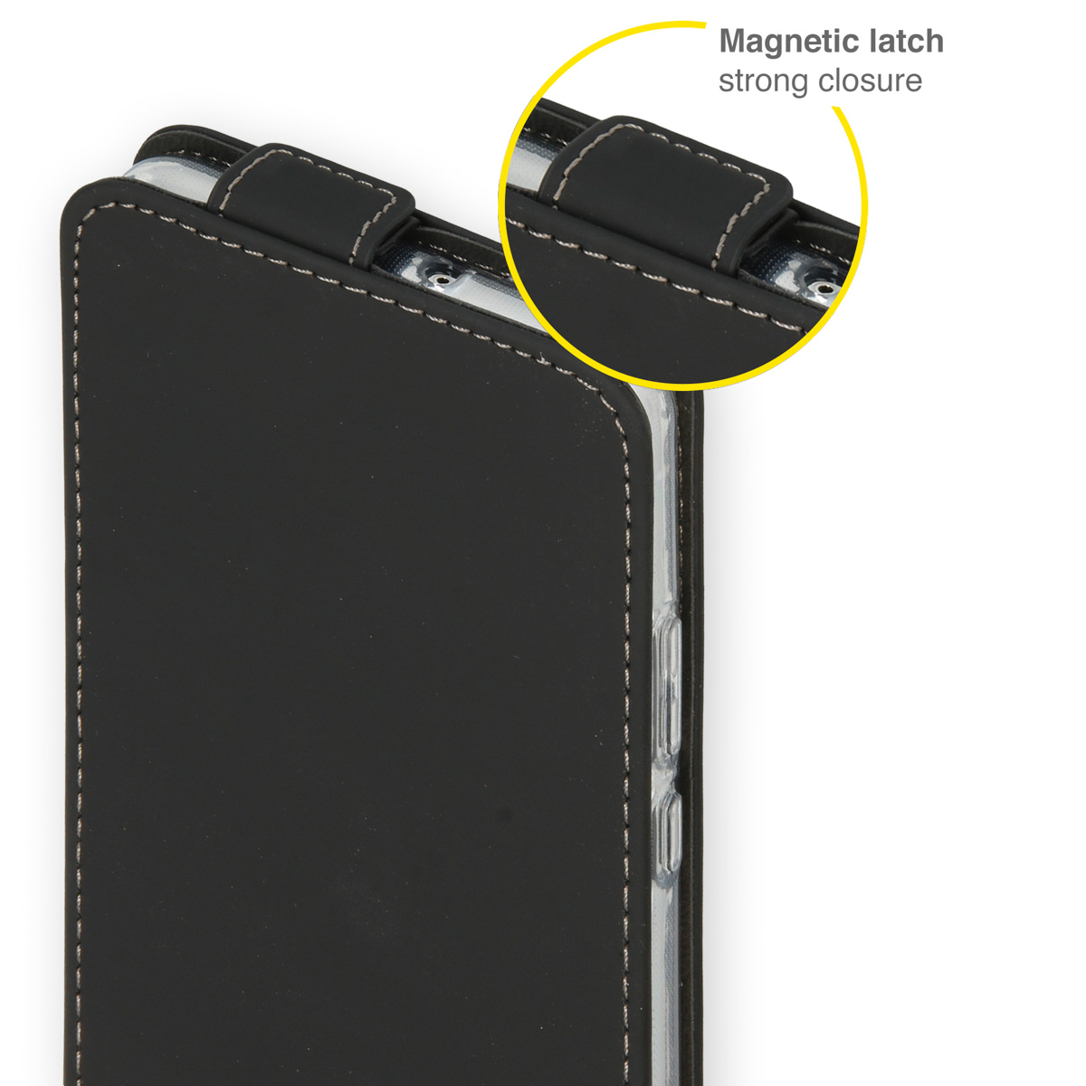 Close-up van een zwarte telefoonhoes met een magnetische sluiting.