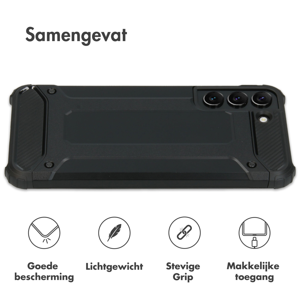 Zwarte telefoonhoes. Samenvatting van kenmerken: goede bescherming, lichtgewicht, sterke grip, gemakkelijke toegang.