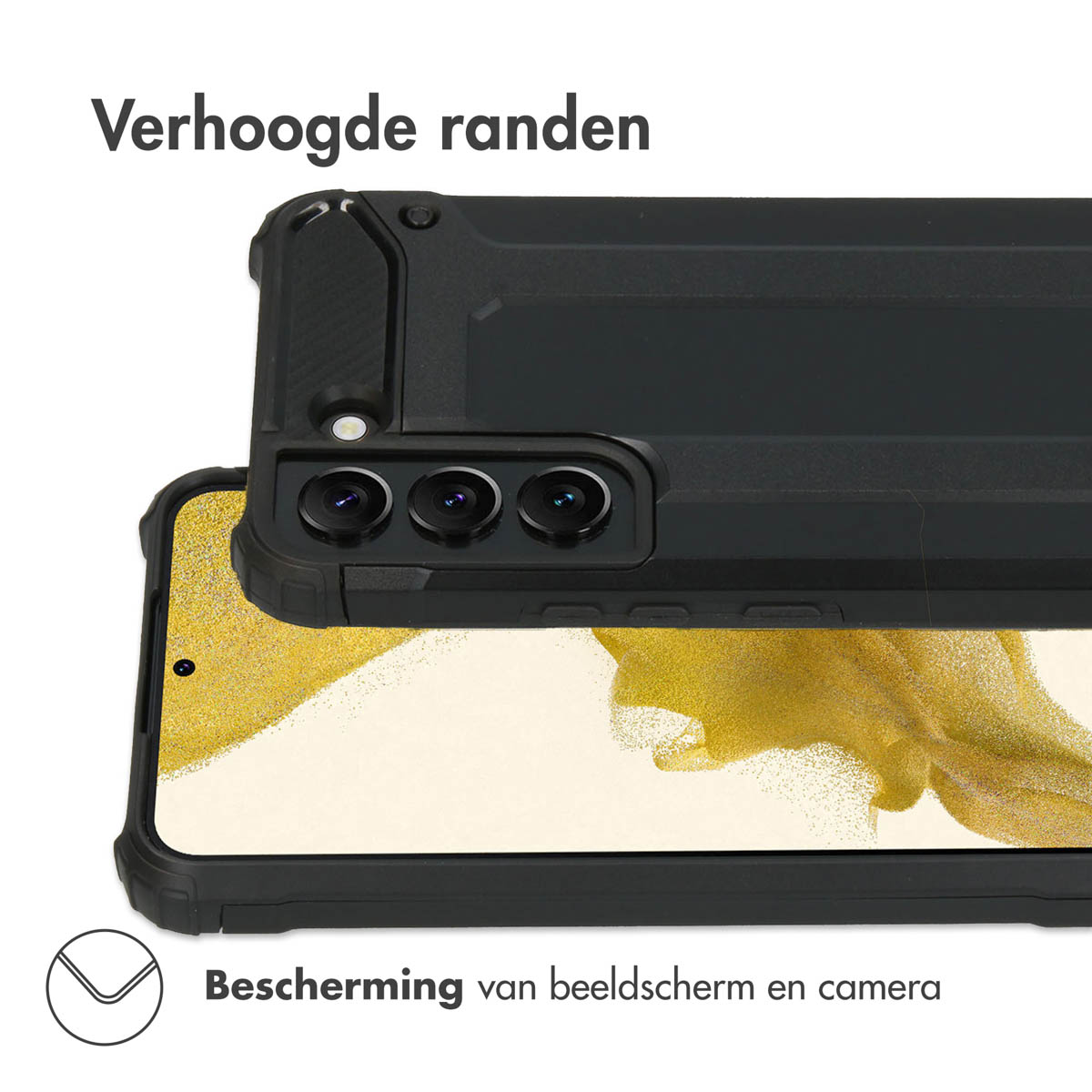 Zwarte telefoonhoes met verhoogde randen beschermt scherm en camera.