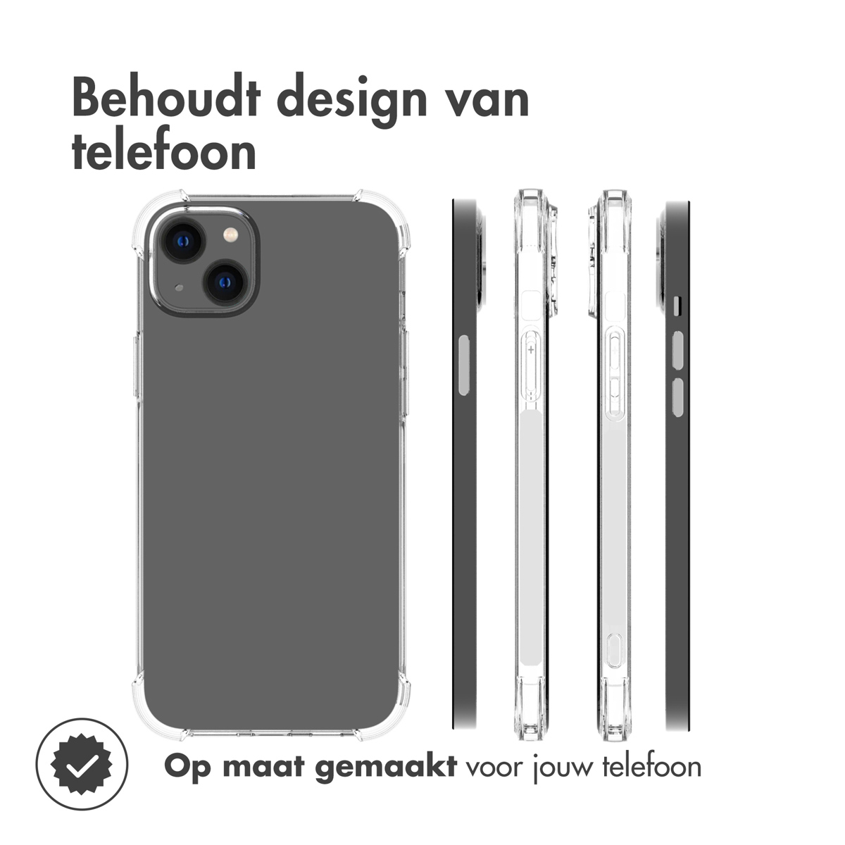 Coque transparente sur le téléphone, montrant le design du téléphone. Plusieurs angles affichés, avec un logo de coche.