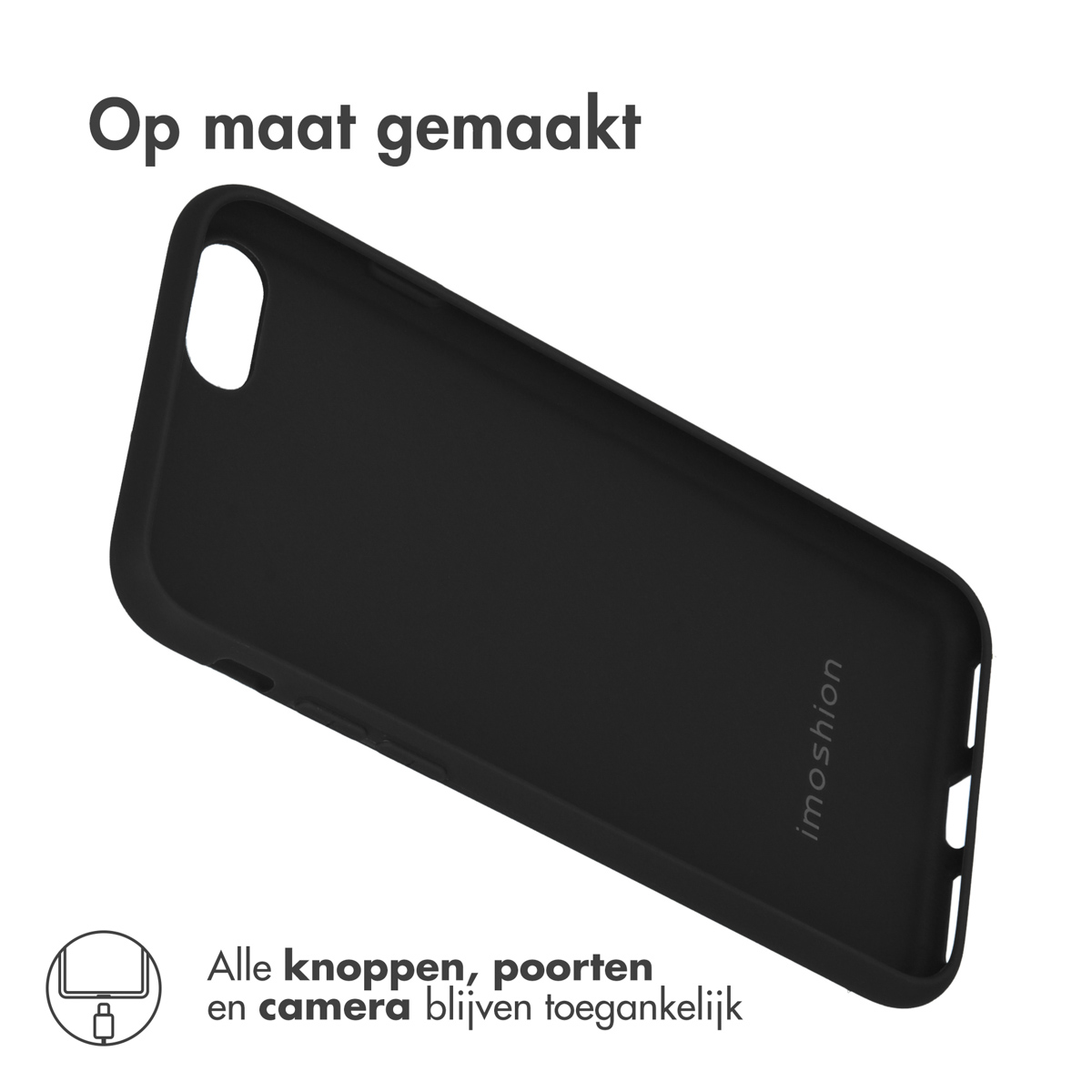 Black phone case. Text: All buttons, ports, and camera remain accessible. Imoshion logo.