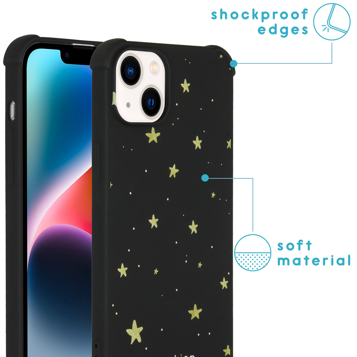 Black phone case with yellow stars, showing "shockproof edges" and "soft material".