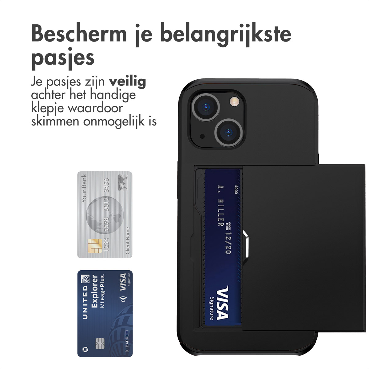 Zwarte telefoonhoes met kaartsleuven. Drie creditcards worden naast de open hoes weergegeven.