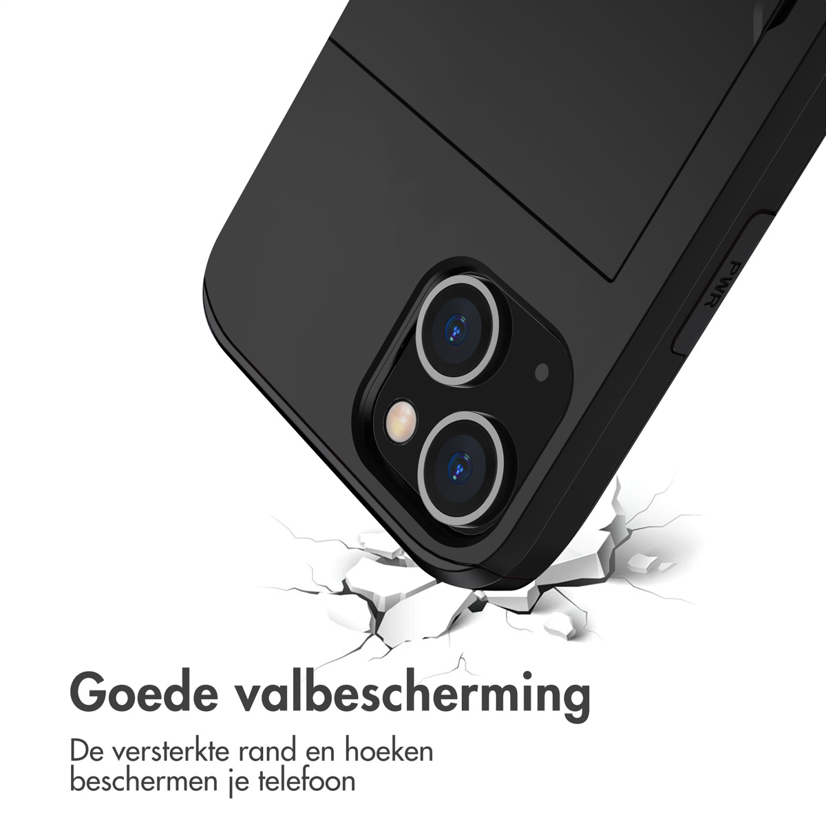 Zwarte telefoonhoes, naast een gebarsten oppervlak, toont goede bescherming.