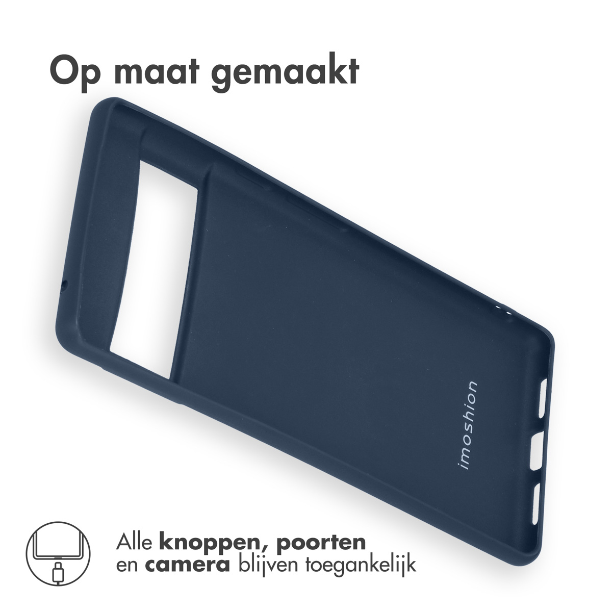 Een donkerblauwe telefoonhoes. De hoes is leeg en het Imoshion-logo is zichtbaar.