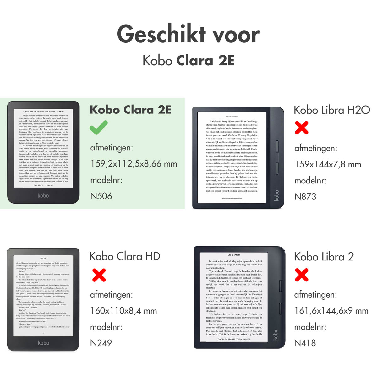 Image montre quatre liseuses électroniques. Une compatible, les autres non. Texte avec tailles et numéros de modèle.