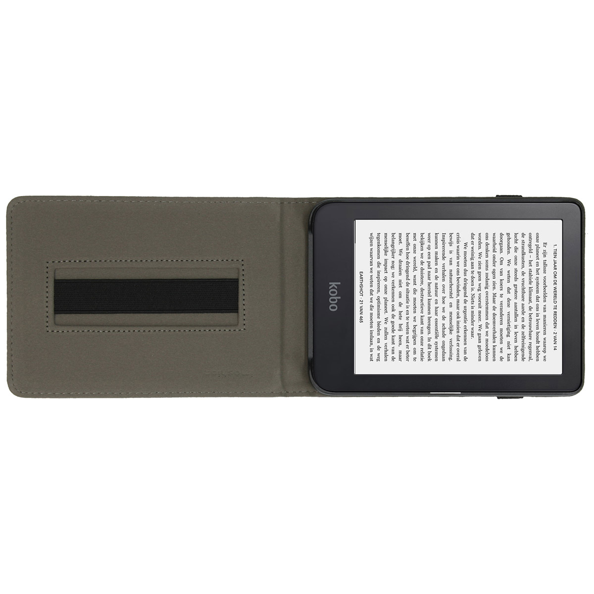 Een e-reader in een grijze hoes toont tekst op het scherm.