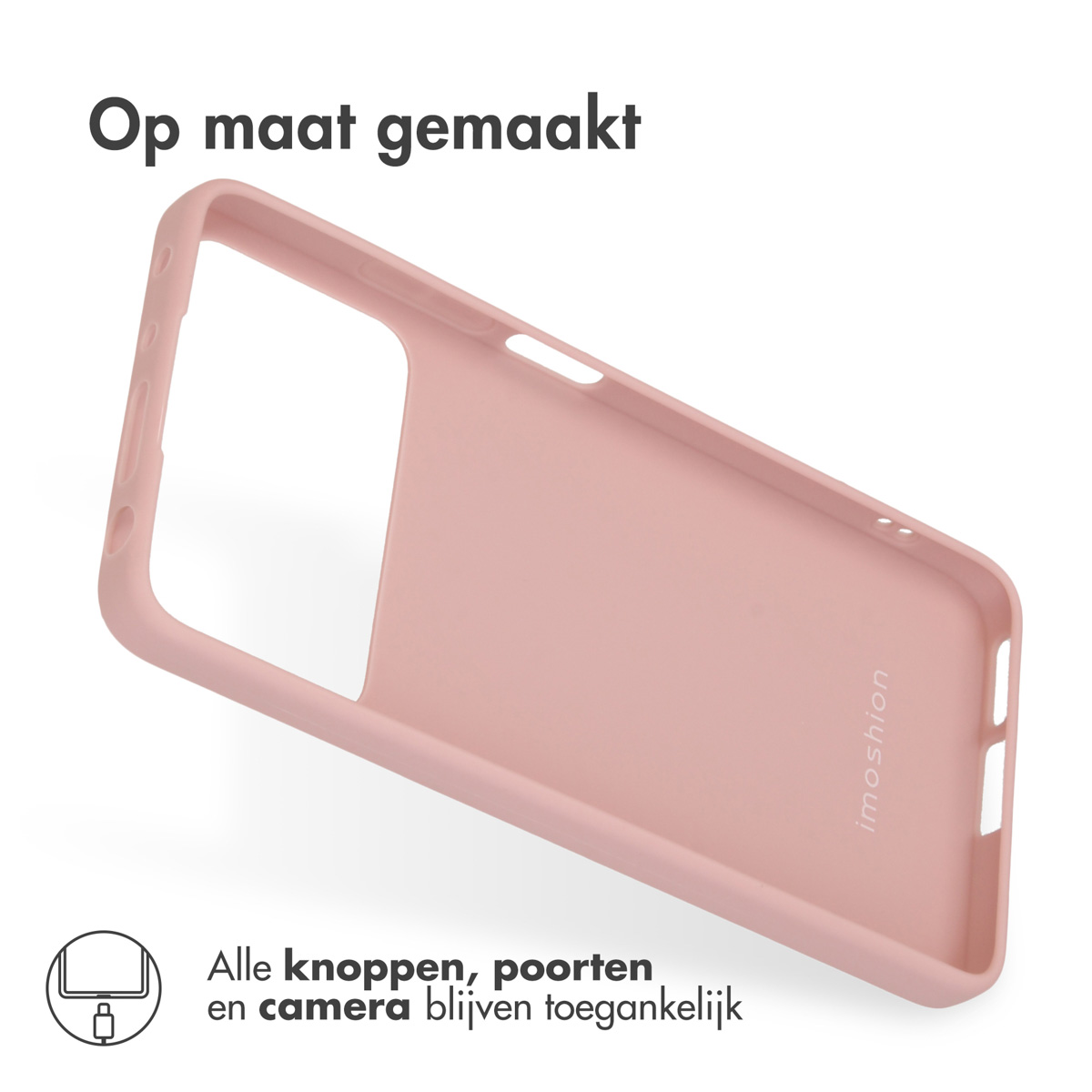 Een roze telefoonhoesje met uitsparingen voor poorten en camera.