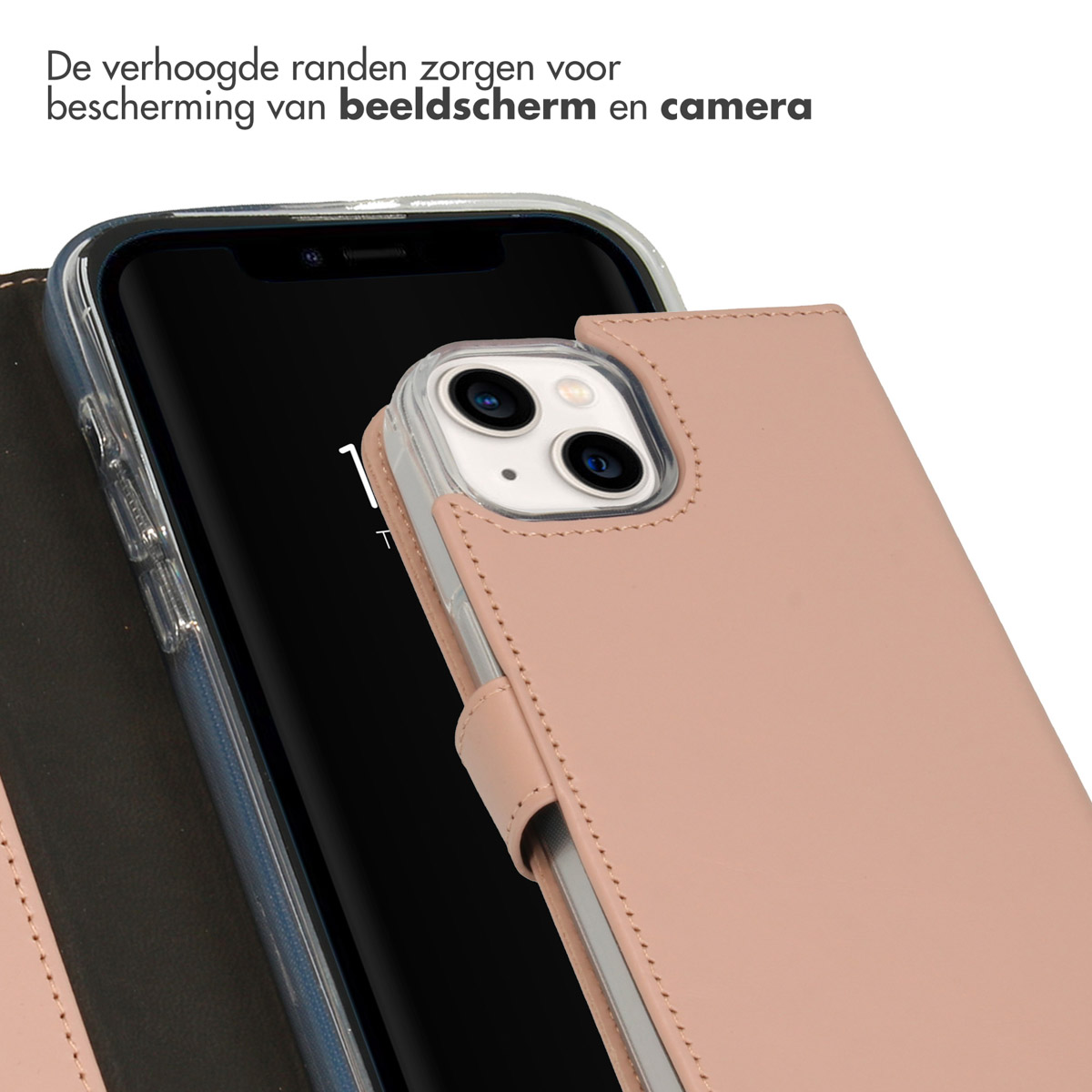 Close-up van een telefoonhoes die het scherm en de camera van de telefoon beschermt.