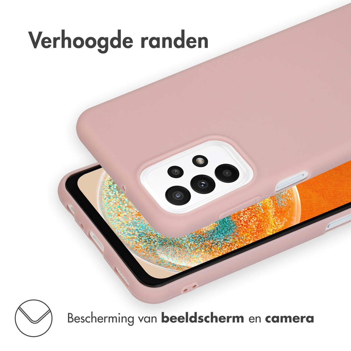 Een roze telefoonhoes met een telefoon erin. De telefoon heeft een camera. Tekst zegt 'Verhoogde randen'.