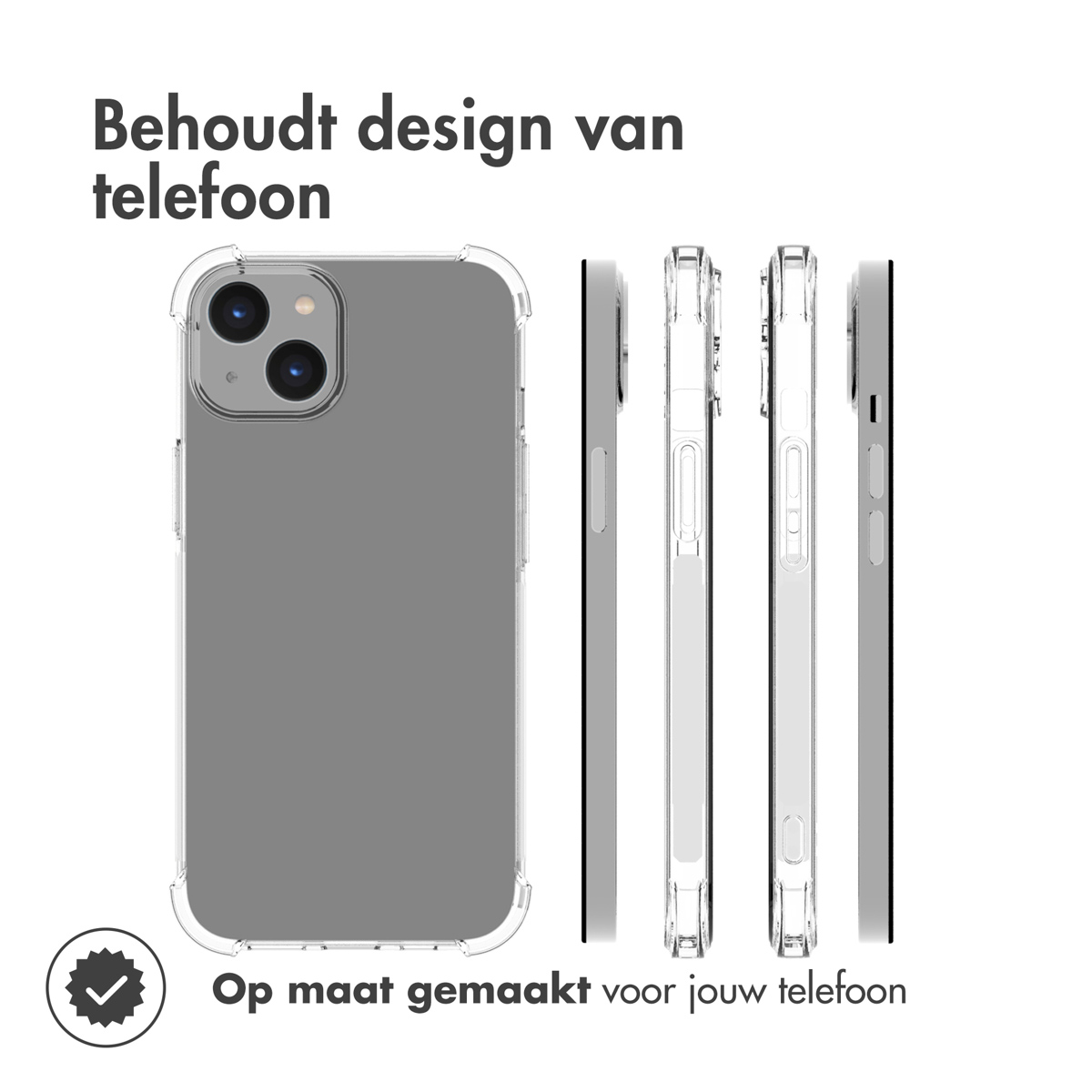 Telefono nella custodia, varie angolazioni. Design grigio. Testo: mantiene il design del telefono, su misura per il tuo telefono.