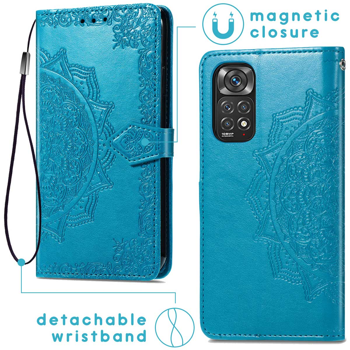 Blauw telefoonhoesje met reliëf mandala, afneembare polsband en magnetische sluiting.