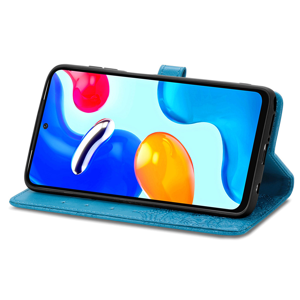 Een teal telefoonhoes met reliëfdetails, die een smartphone rechtop houdt.