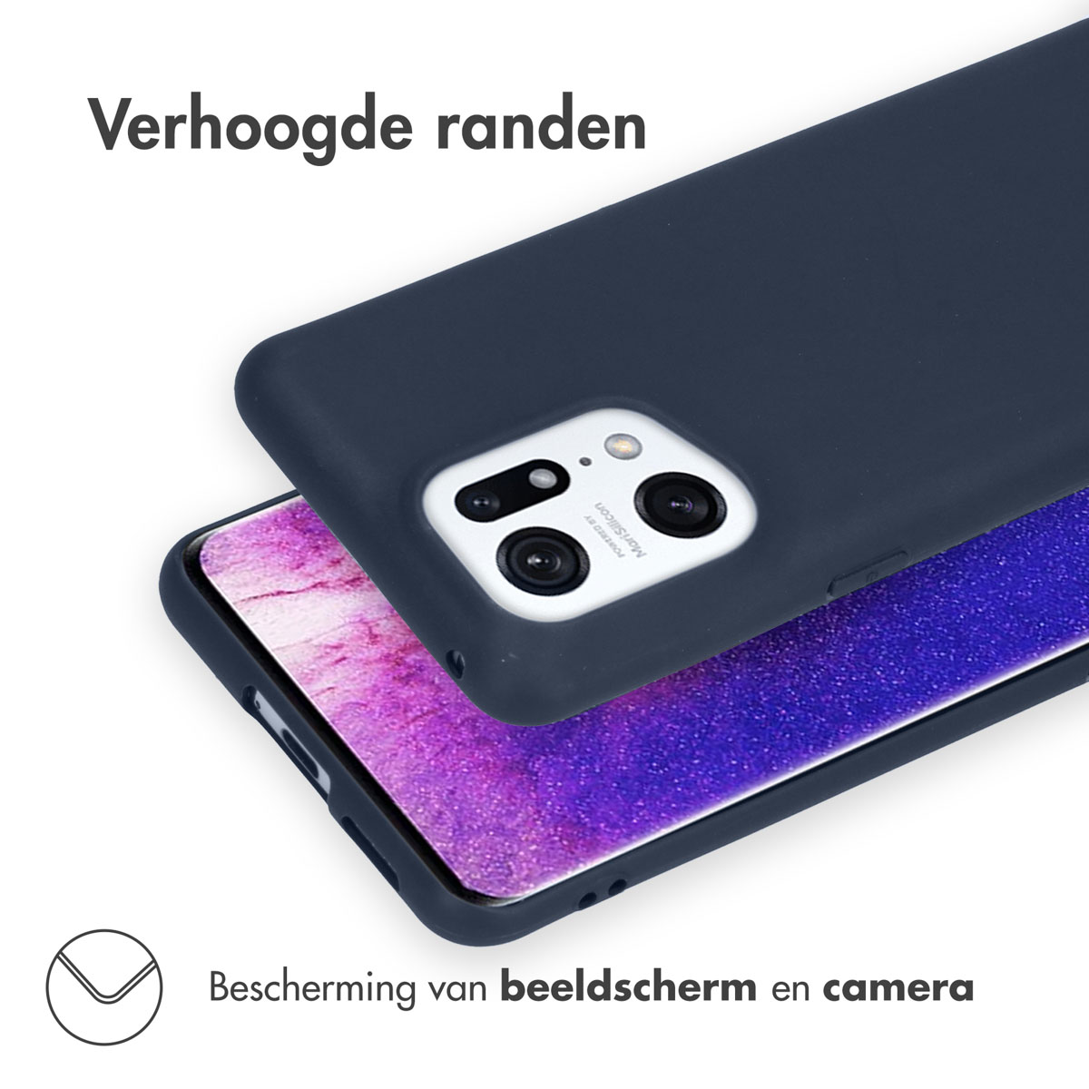Funda de teléfono azul marino, protegiendo el teléfono. Texto: "Bordes elevados", "Protección de pantalla y cámara".