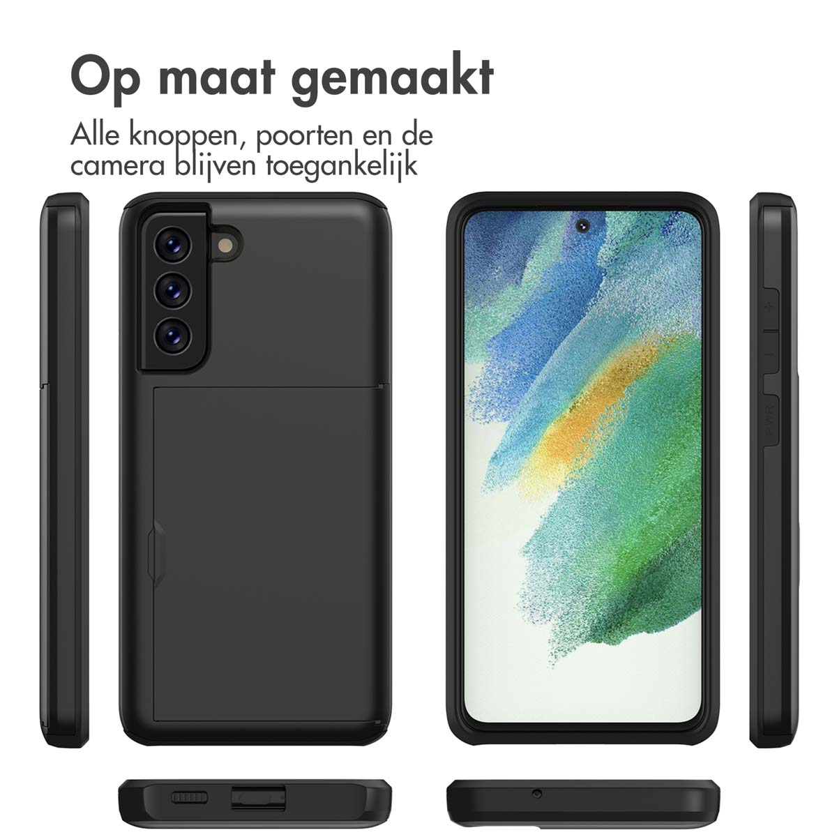 Zwarte telefoonhoes met een kaarthouder. De telefoon wordt vanuit meerdere hoeken getoond. Alle knoppen en de camera zijn toegankelijk.