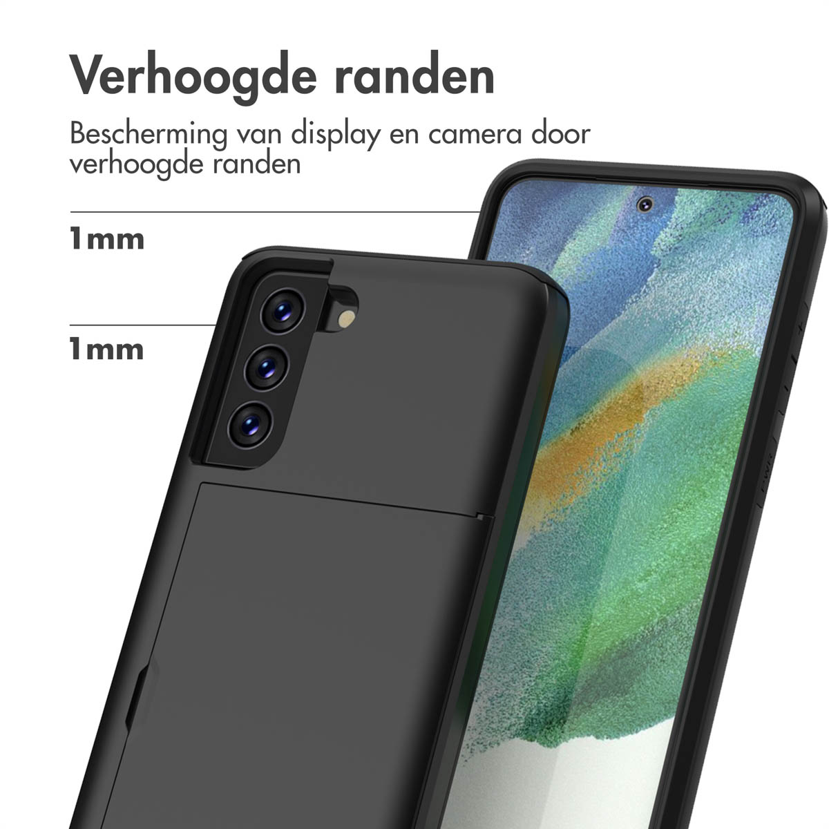 Zwarte telefoonhoes met telefoon erin. Tekst: Verhoogde randen. Bescherming van display en camera.