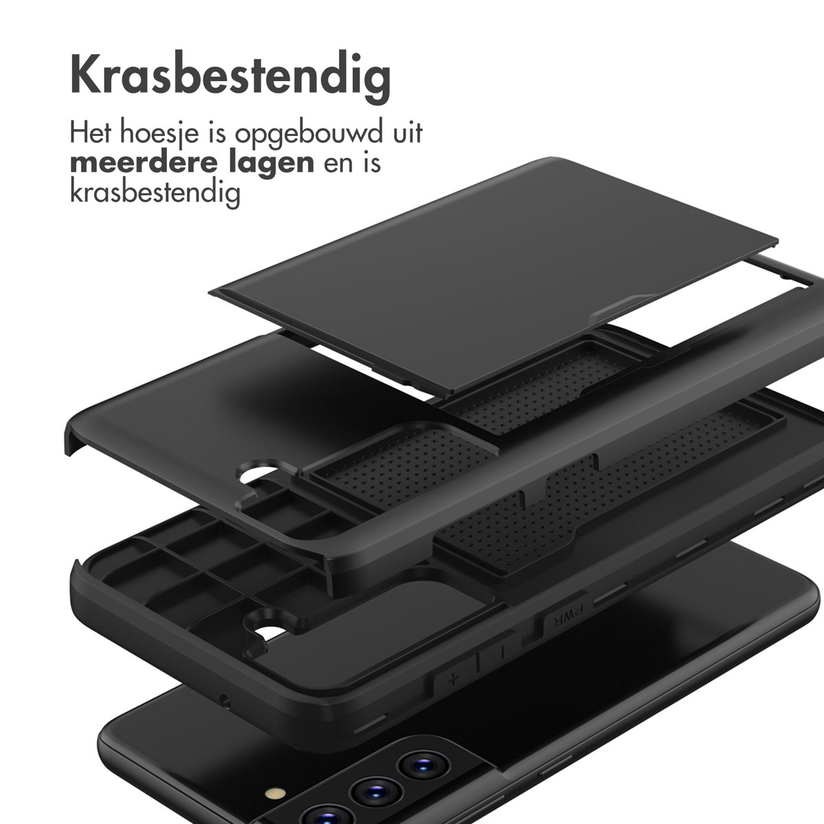 Zwarte telefoonhoeslagen, explosieaanzicht. De hoes is gemaakt van meerdere krasbestendige lagen.