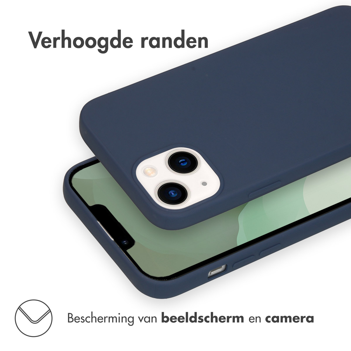 Blauwe telefoonhoes over de telefoon. Toont bescherming voor camera en scherm. De telefoon is blauw en de hoes is passend.