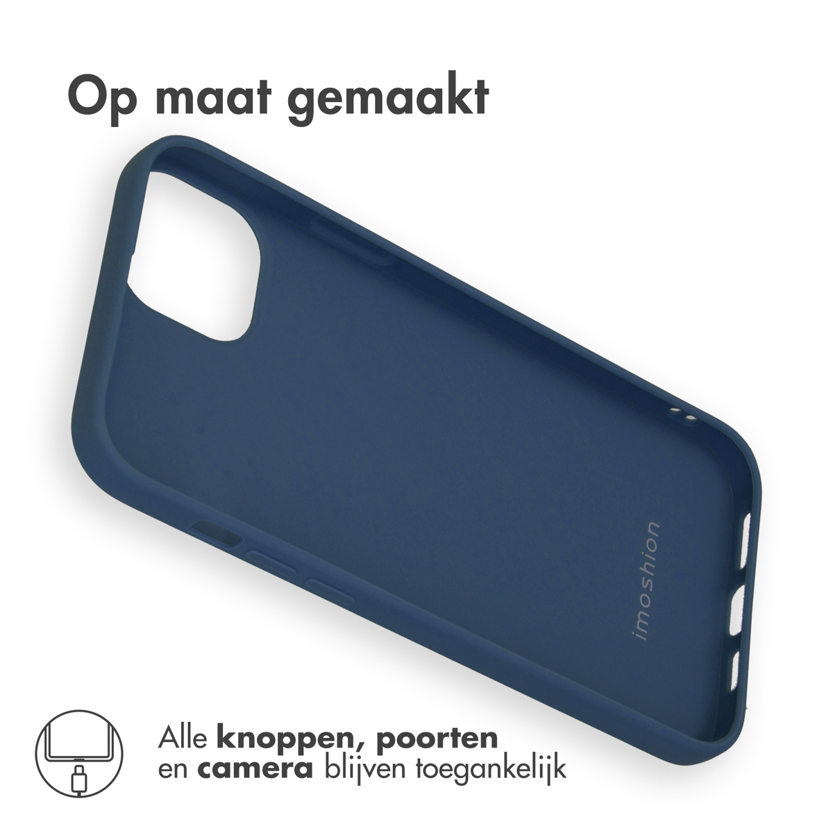 Donkerblauwe siliconen telefoonhoes met uitsparingen voor camera en poorten.