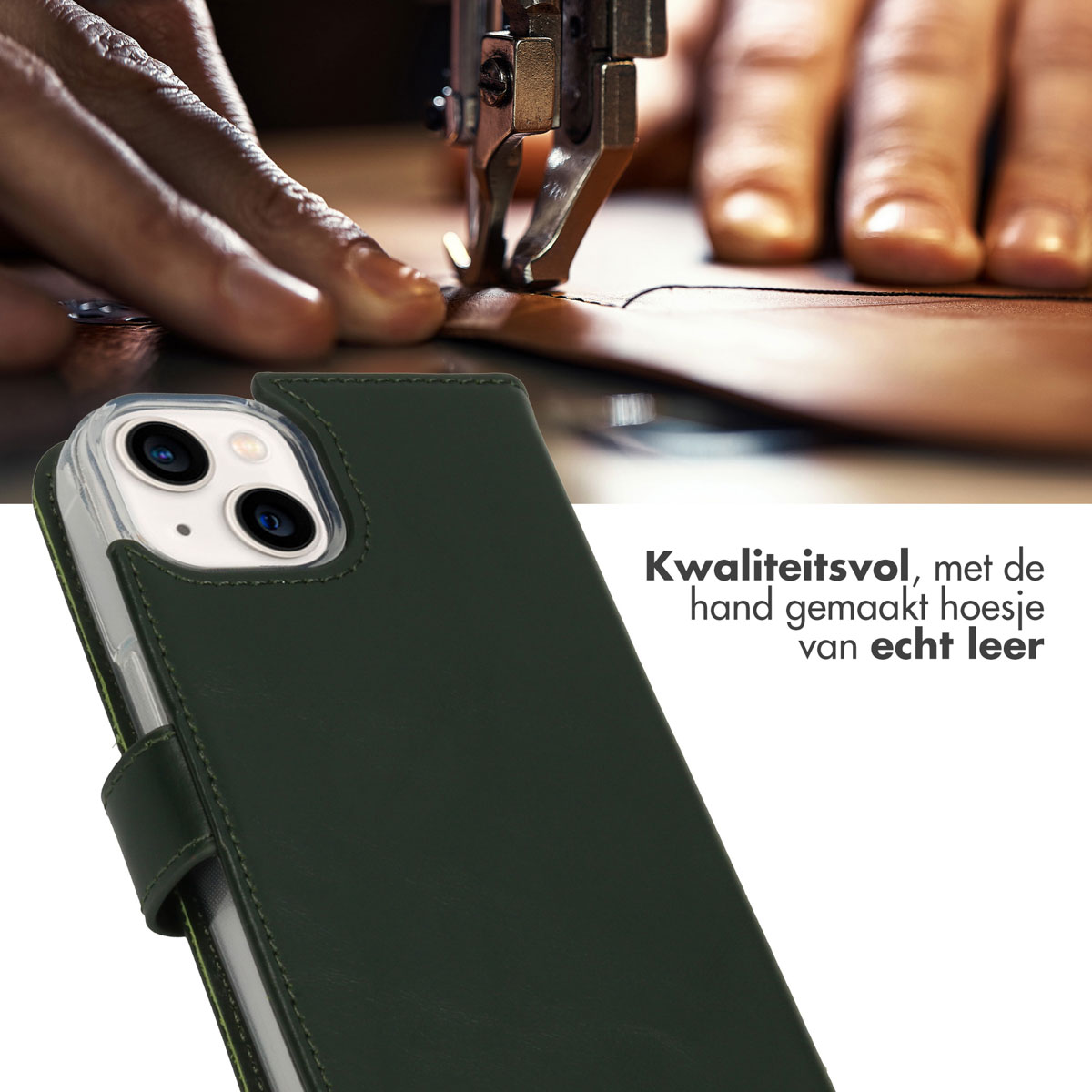 Una persona sta cucendo una custodia per telefono in pelle. La custodia è verde scuro.