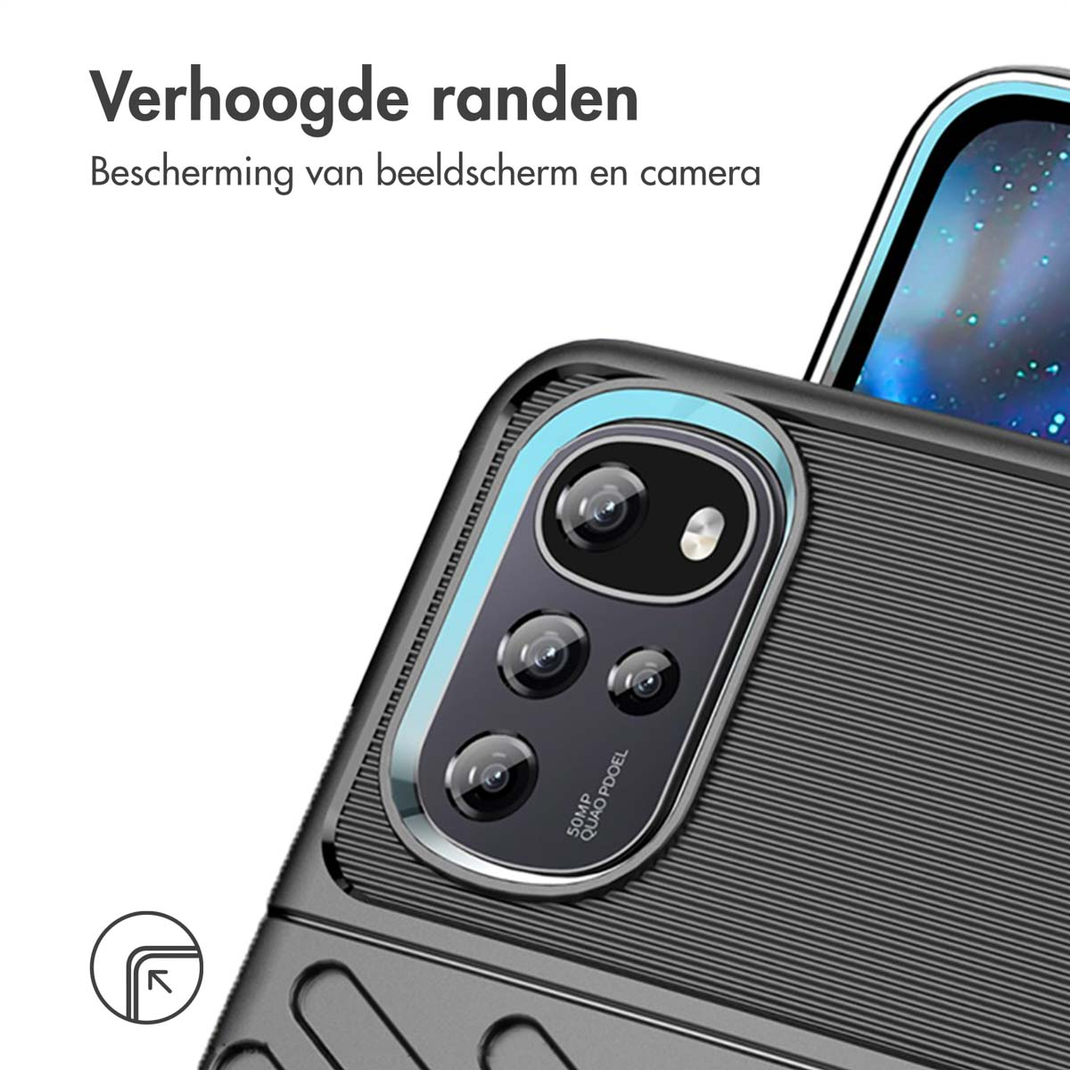 Coque de téléphone noire avec bords surélevés autour de l'appareil photo et de l'écran.
