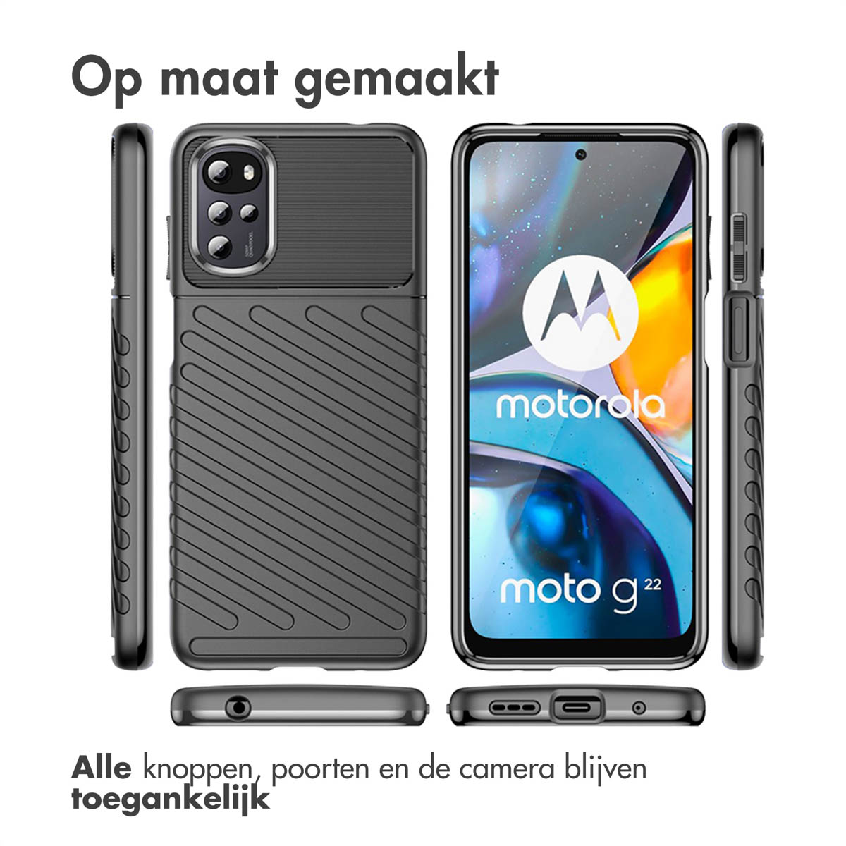 Téléphone gris avec vues arrière, latérales et avant. Toutes les fonctions accessibles.