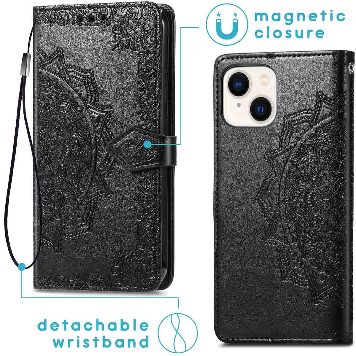 Eine schwarze Handyhülle mit Mandala-Design und abnehmbarem Handgelenkband. Sie hat einen Magnetverschluss.