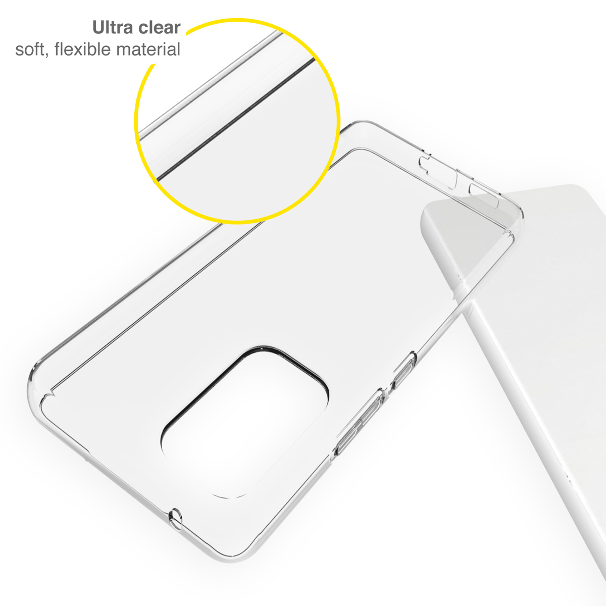 Coque de téléphone transparente et flexible avec zoom sur le matériau souple, près d'un appareil blanc.