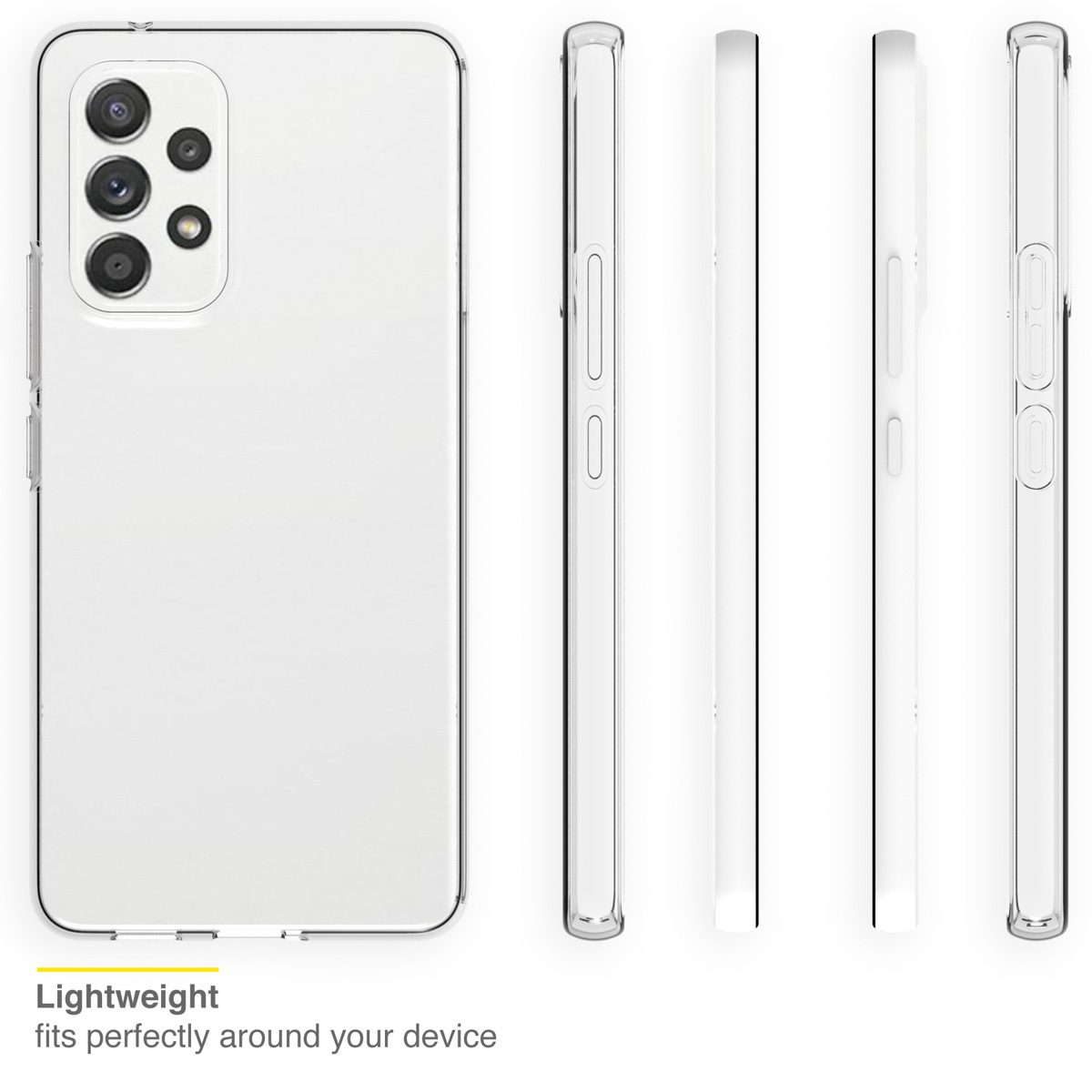 Een doorzichtige telefoonhoes vanuit meerdere hoeken getoond. De hoes is voor een telefoon met drie camera's.