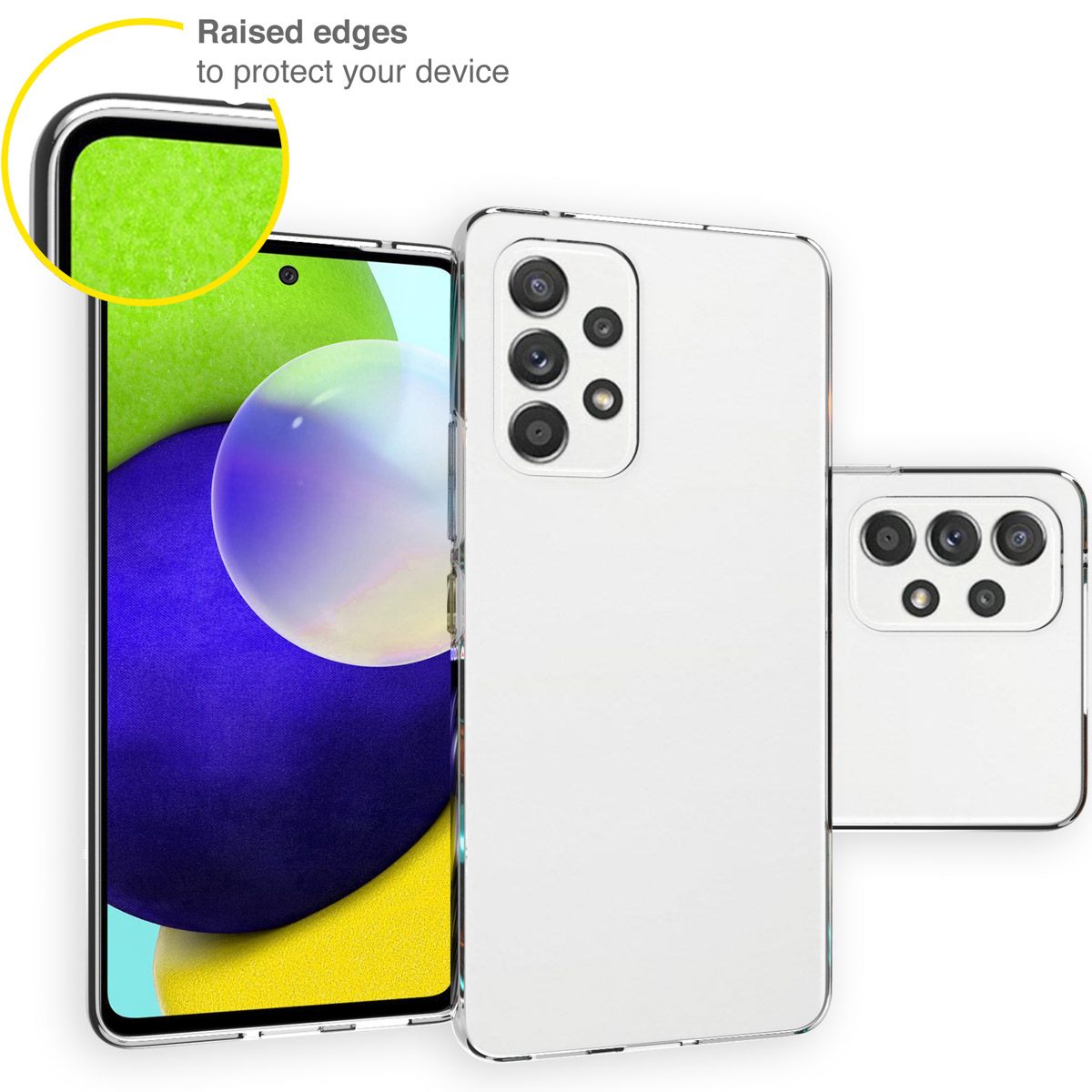 Transparante telefoonhoesjes met witte achterkant. De hoesjes zitten op telefoons. De tekst zegt 'Verhoogde randen om uw apparaat te beschermen'.