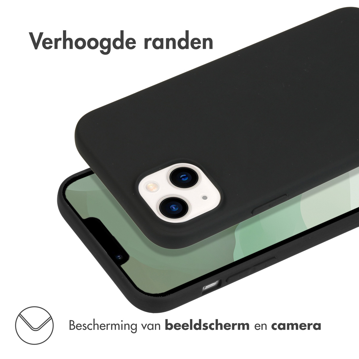 Zwarte telefoonhoes over telefoon. Tekst: Verhoogde randen. Bescherming van scherm en camera.