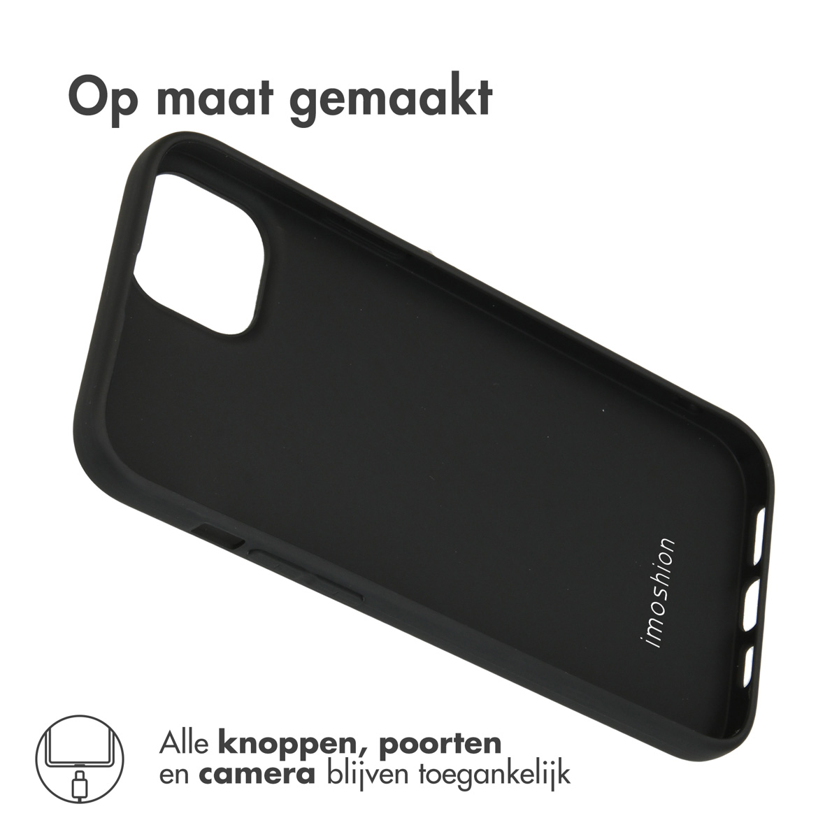 Zwarte telefoonhoes, logo binnenkant, uitsparingen voor poorten en camera.